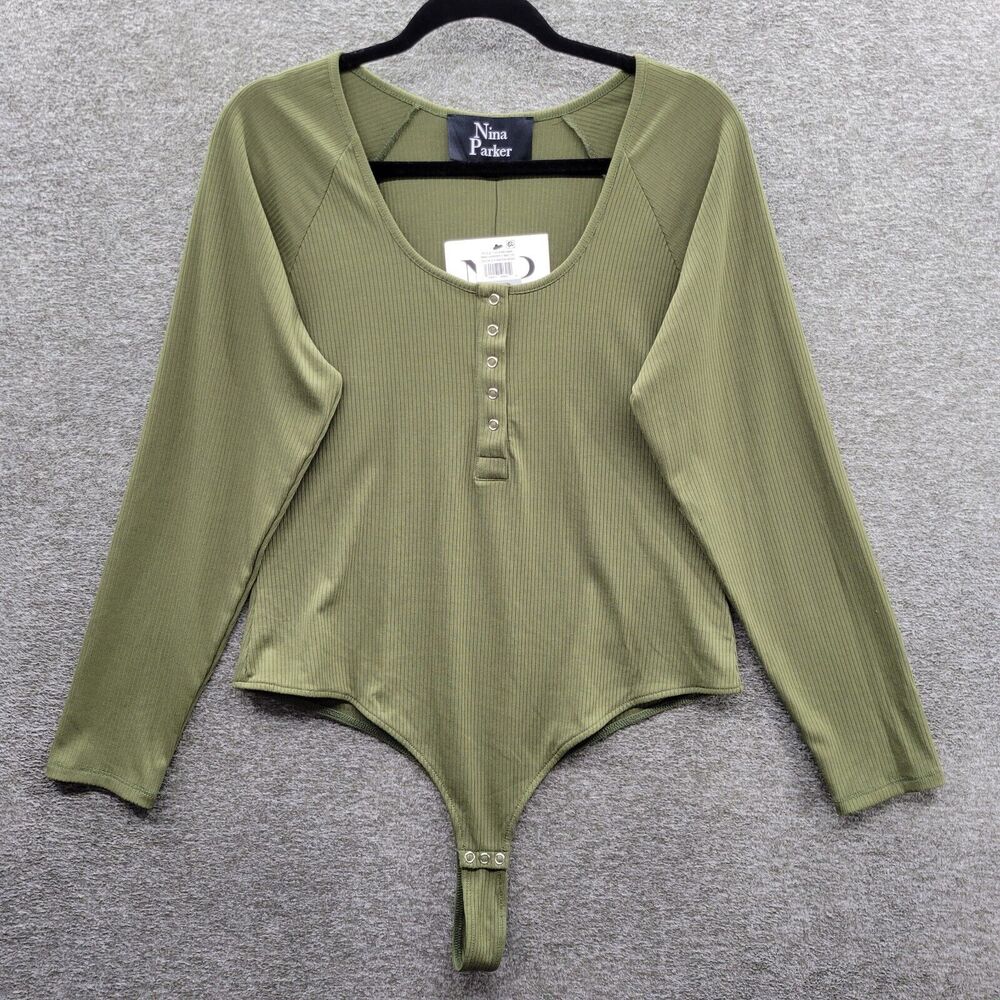Nina Parker Bodysuit Women's 1X Green Ribbed Long Sleeve Scoop Neck NWT